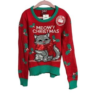 NWT Girl’s Sequins Meowy Christmas Holiday Sweater Size Small (6-6X)